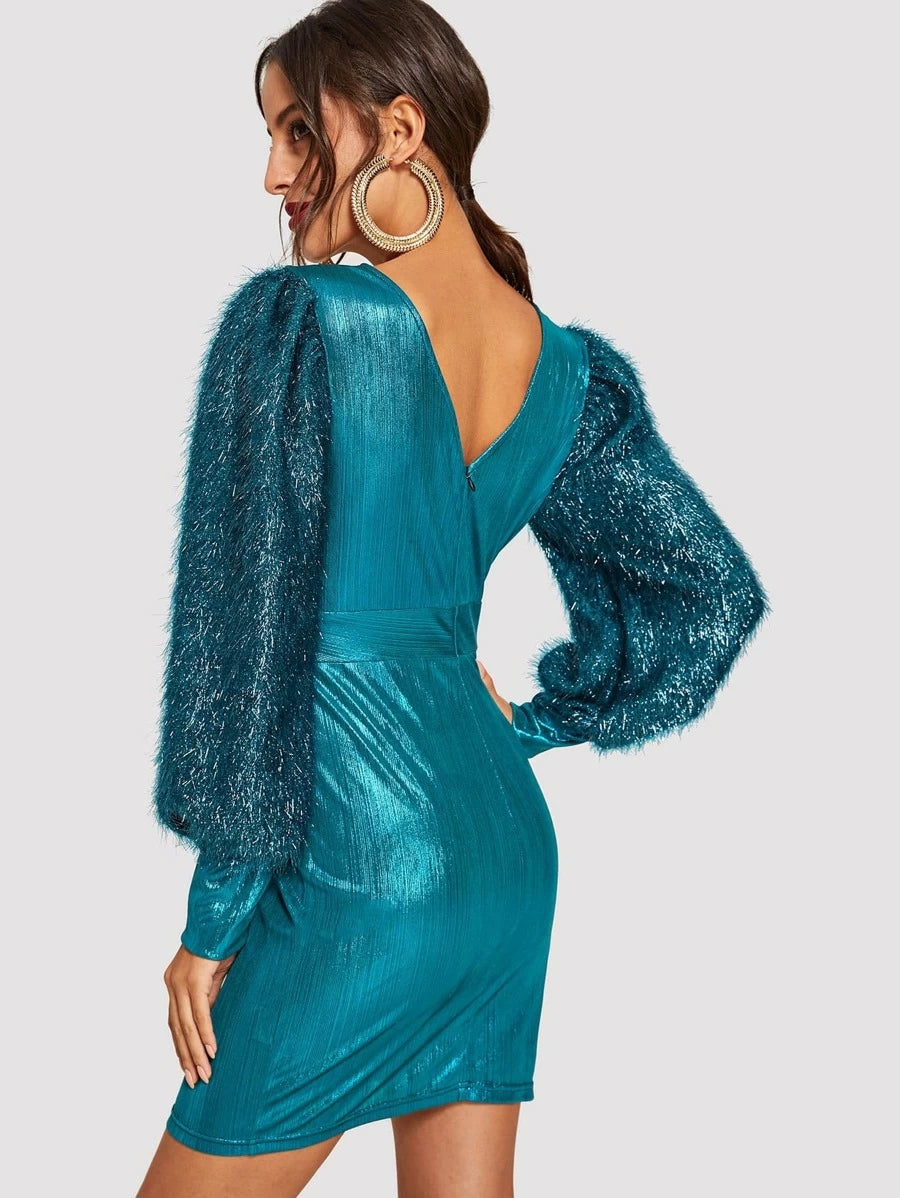 Fuzzy Bishop Sleeve Metallic Dress Periwinkley Shop
