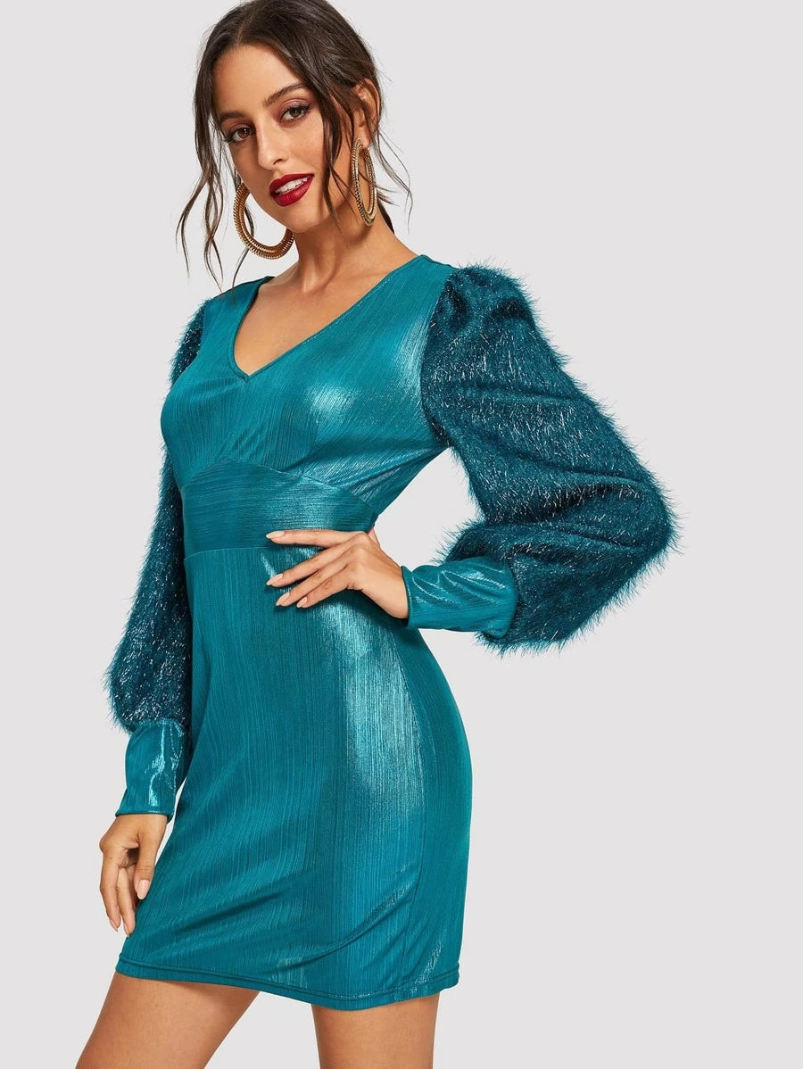 Fuzzy Bishop Sleeve Metallic Dress Periwinkley Shop