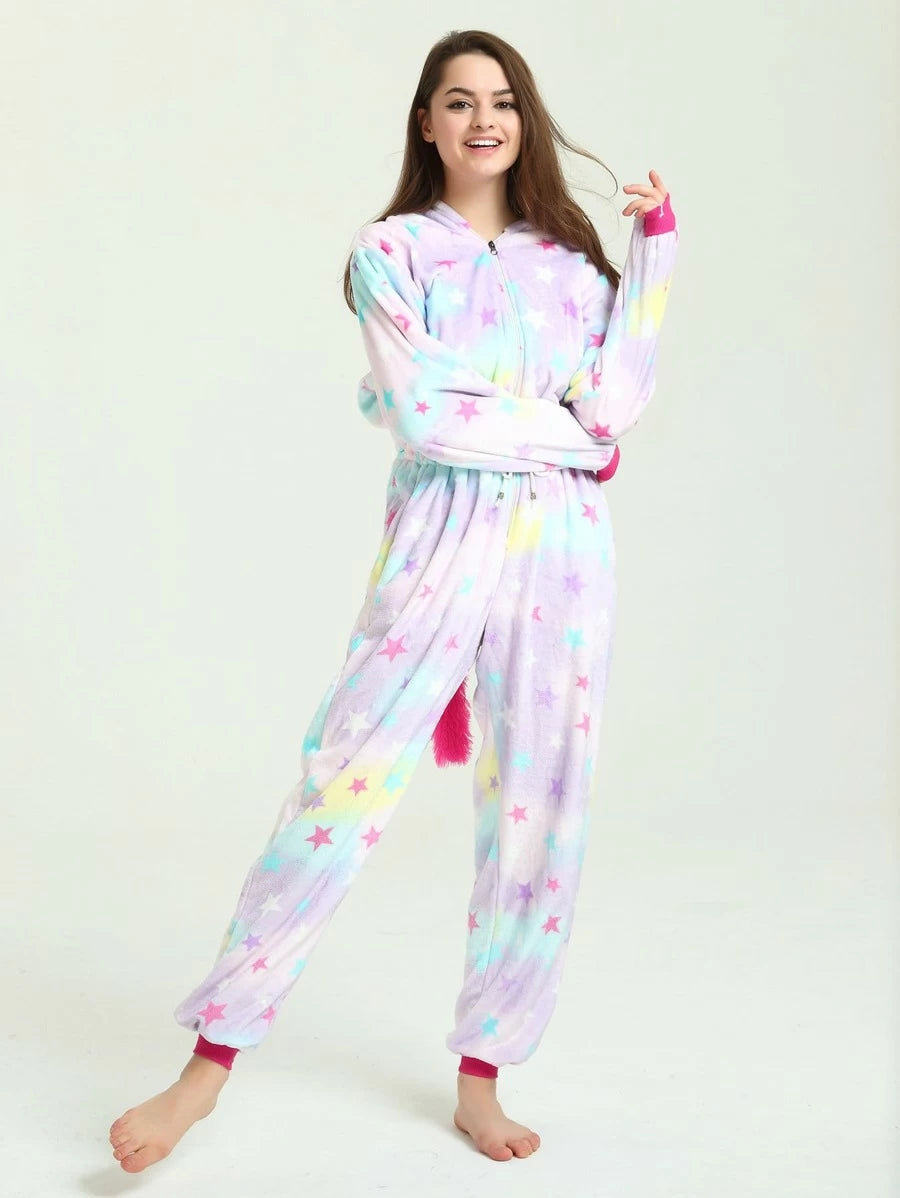 Star Print Drawstring Waist Unicorn Onesie Periwinkley Shop