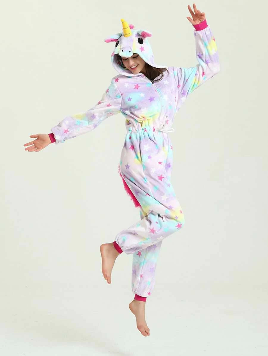 Star Print Drawstring Waist Unicorn Onesie Periwinkley Shop
