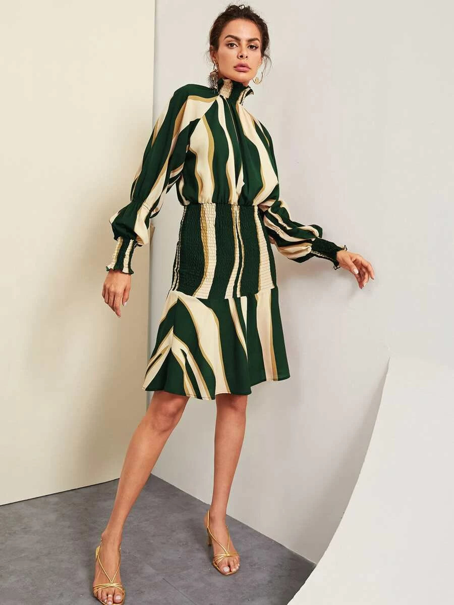 Flounce Hem Striped Smocked Dress Periwinkley Shop