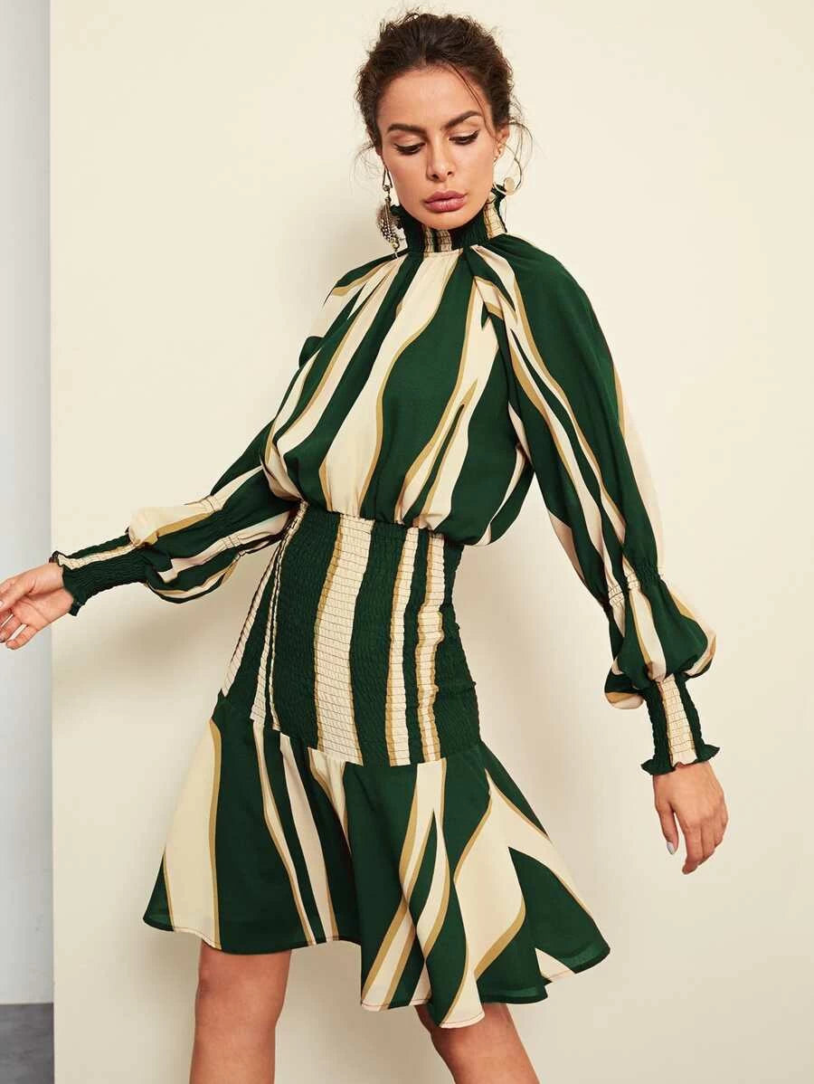 Flounce Hem Striped Smocked Dress Periwinkley Shop