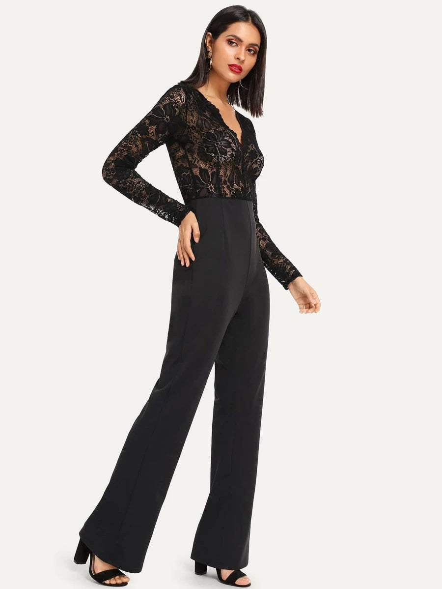 Sheer Lace Bodice Flared Jumpsuit Periwinkley Shop