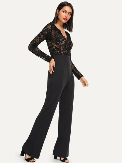 Sheer Lace Bodice Flared Jumpsuit Periwinkley Shop