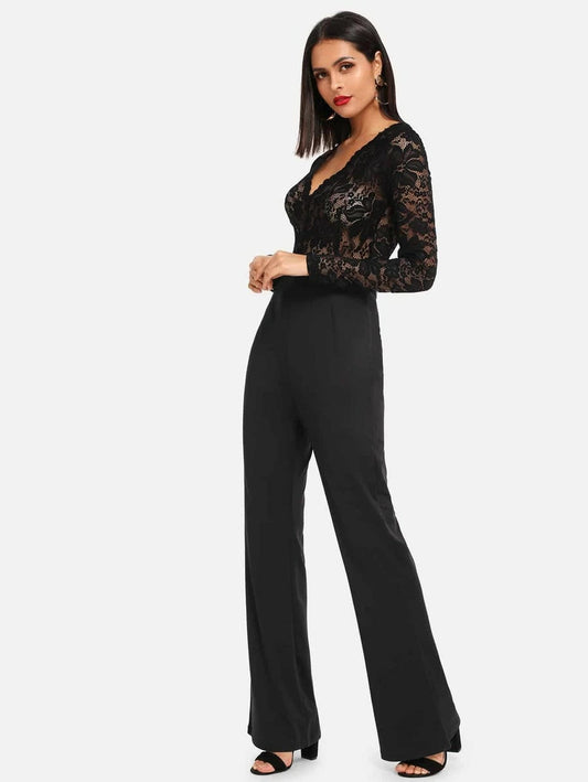 Sheer Lace Bodice Flared Jumpsuit Periwinkley Shop