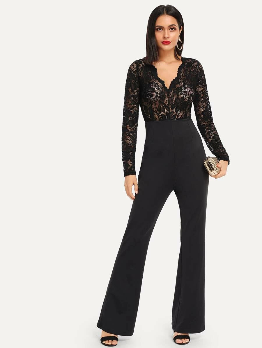 Sheer Lace Bodice Flared Jumpsuit Periwinkley Shop