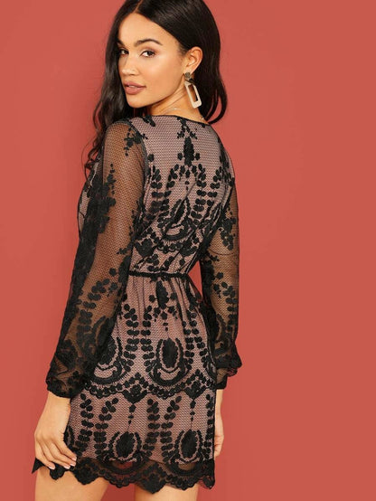 Plunging Neck Embroidered Mesh Dress Periwinkley Shop