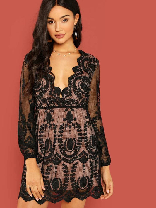 Plunging Neck Embroidered Mesh Dress Periwinkley Shop