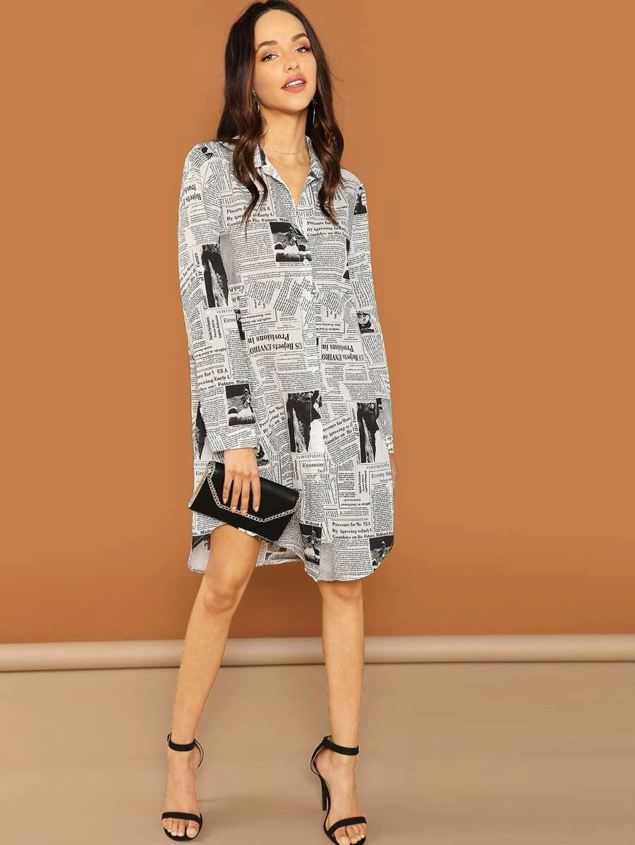 Newspaper Print Shirt Dress Periwinkley Shop