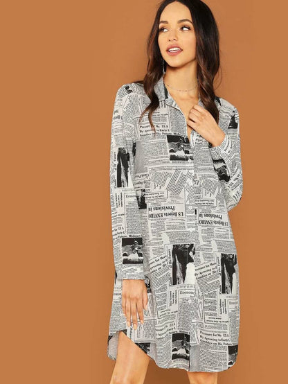 Newspaper Print Shirt Dress Periwinkley Shop