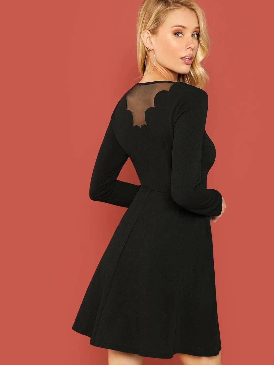 Mesh Panel Scallop Edge Skater Dress Periwinkley Shop