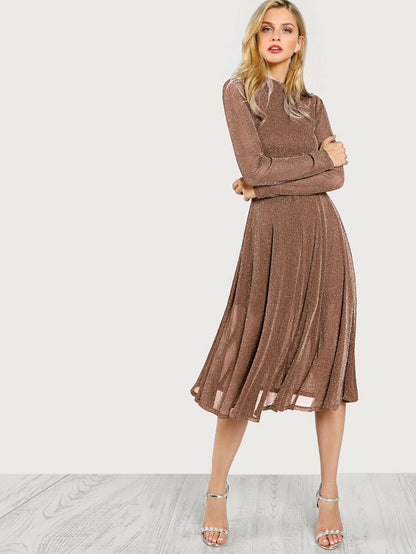 Button Keyhole Mock-neck Glitter Flowy Dress Periwinkley Shop