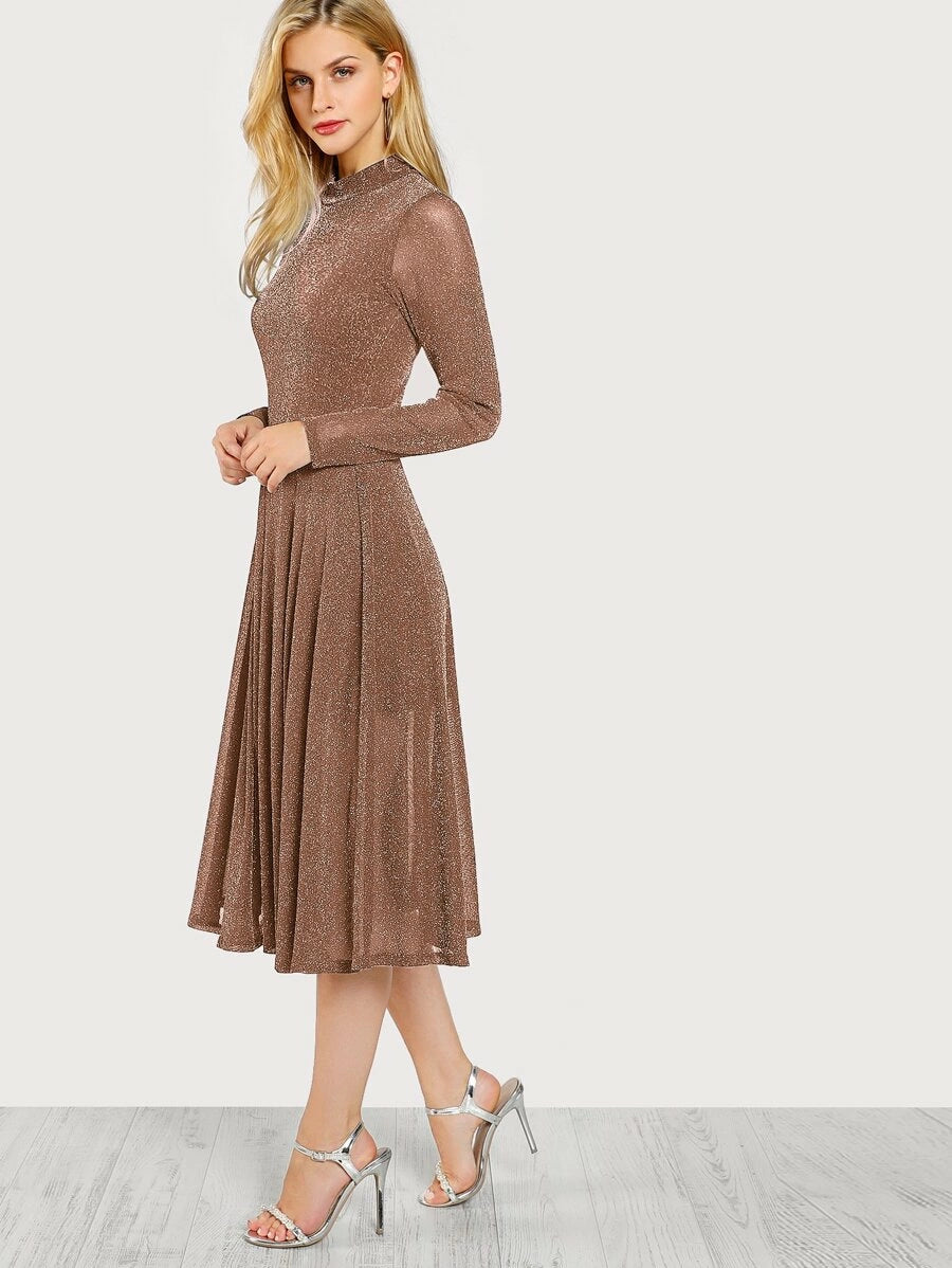 Button Keyhole Mock-neck Glitter Flowy Dress Periwinkley Shop