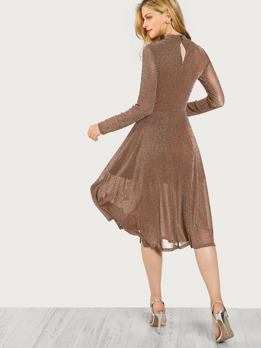 Button Keyhole Mock-neck Glitter Flowy Dress Periwinkley Shop