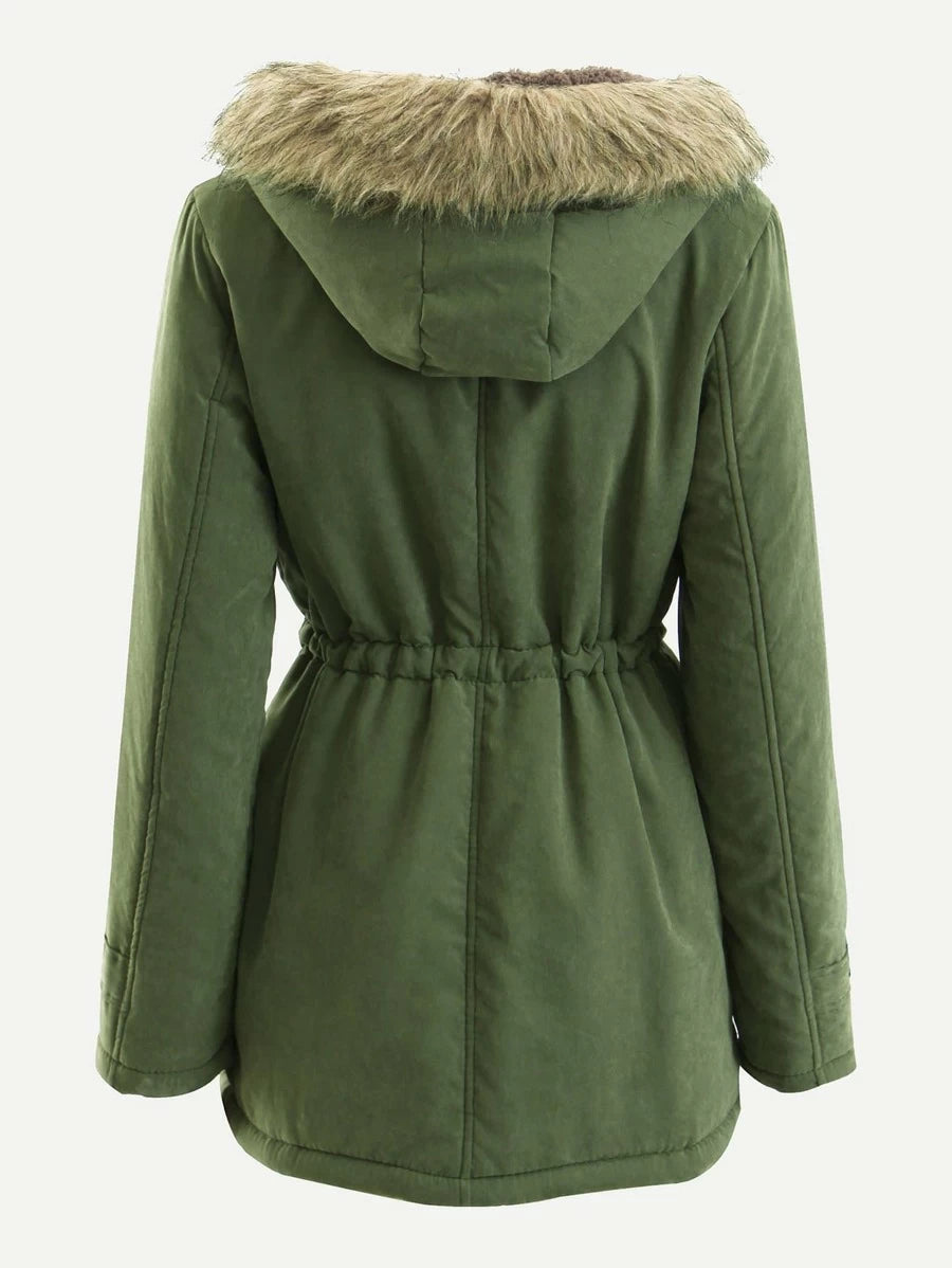 Patched Fuzzy Collar Hooded Parkas Coat Periwinkley Shop
