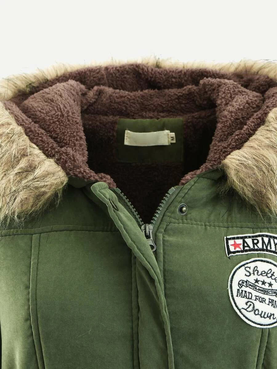 Patched Fuzzy Collar Hooded Parkas Coat Periwinkley Shop