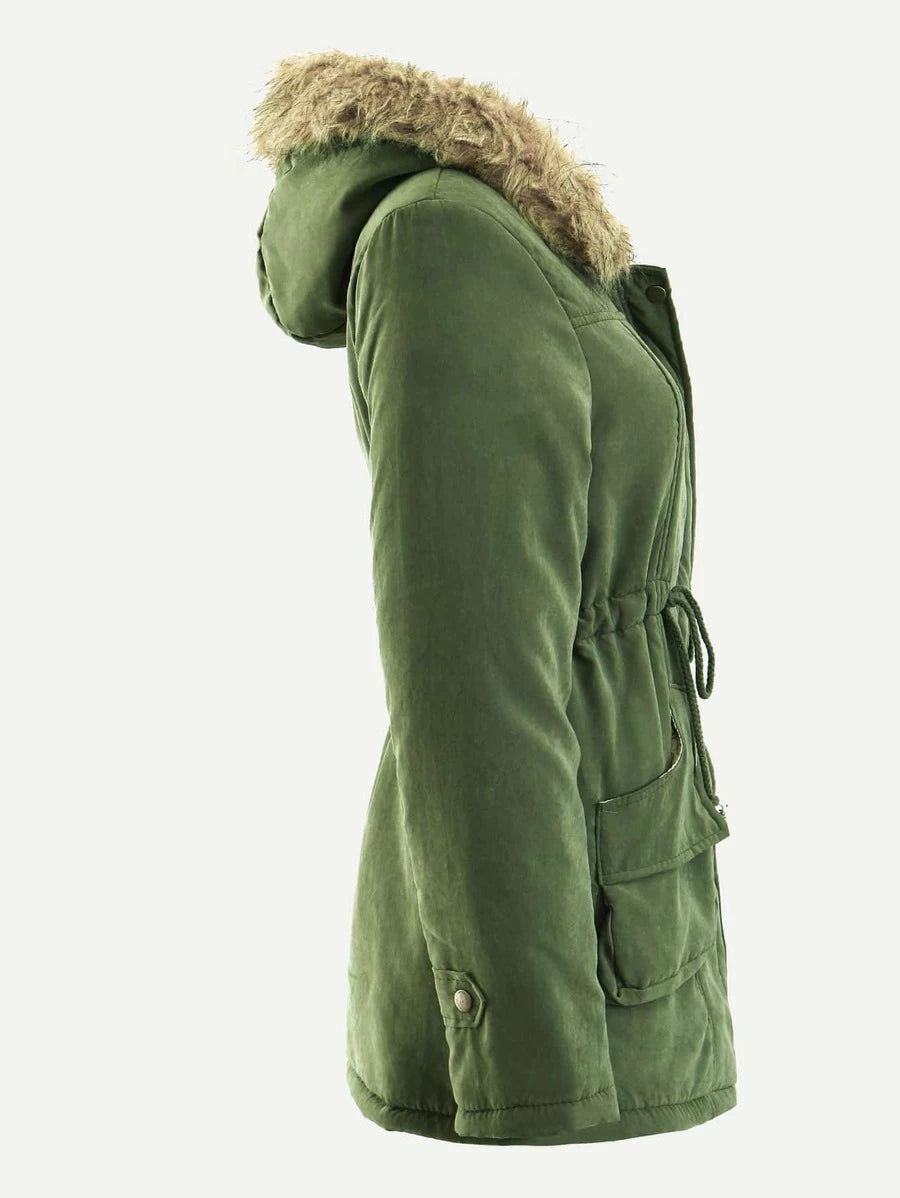 Patched Fuzzy Collar Hooded Parkas Coat Periwinkley Shop