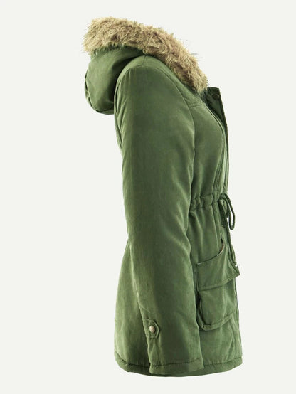 Patched Fuzzy Collar Hooded Parkas Coat Periwinkley Shop