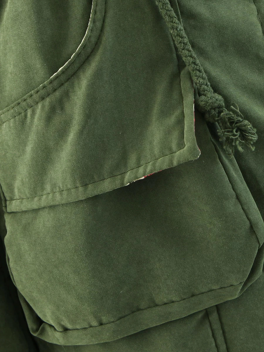 Patched Fuzzy Collar Hooded Parkas Coat Periwinkley Shop