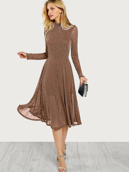 Button Keyhole Mock-neck Glitter Flowy Dress Periwinkley Shop