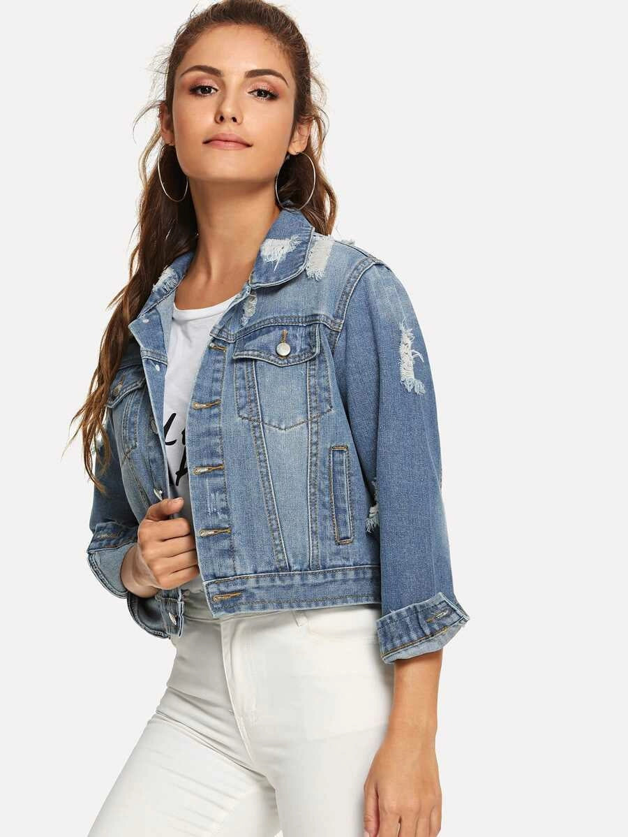 Ripped Faded Wash Denim Jacket Periwinkley Shop