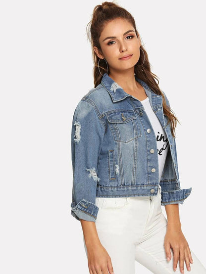 Ripped Faded Wash Denim Jacket Periwinkley Shop