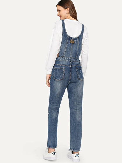 Patched Faded Wash Denim Overalls Periwinkley Shop