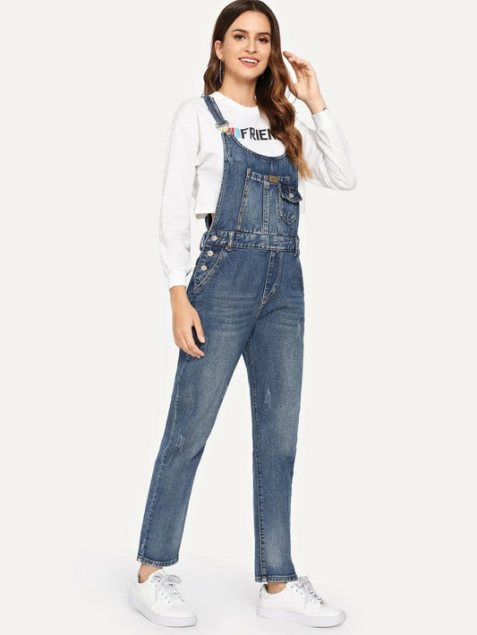 Patched Faded Wash Denim Overalls Periwinkley Shop