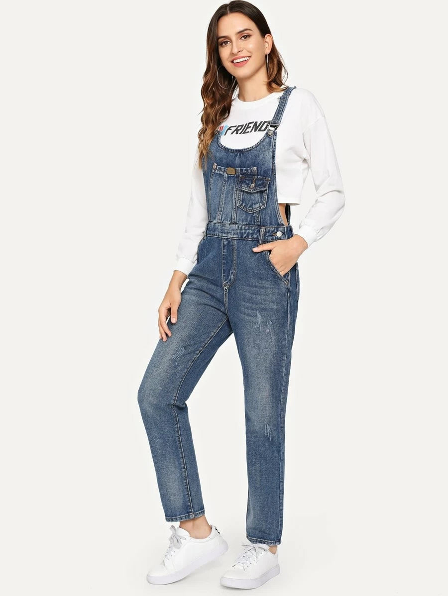 Patched Faded Wash Denim Overalls Periwinkley Shop