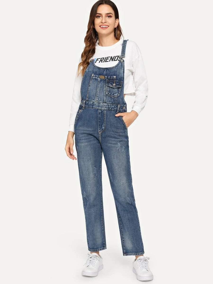 Patched Faded Wash Denim Overalls Periwinkley Shop