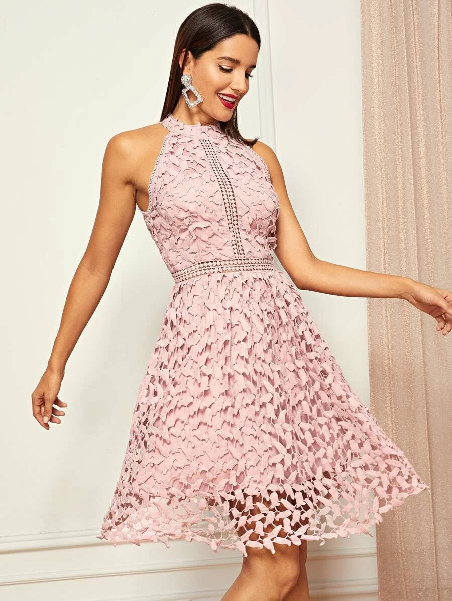 Halter Neck Guipure Lace Flared Dress Periwinkley Shop