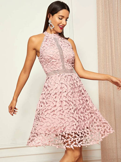 Halter Neck Guipure Lace Flared Dress Periwinkley Shop