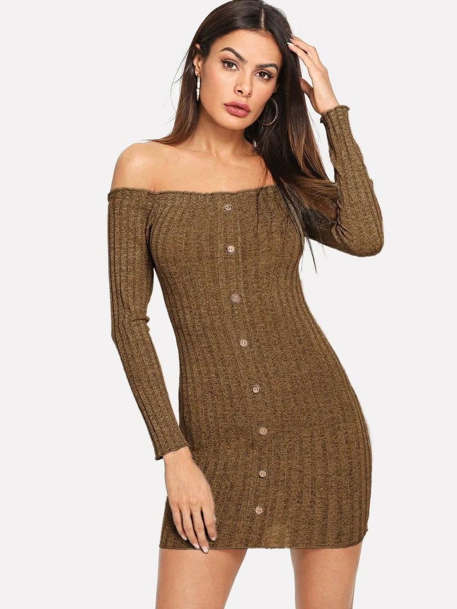 Off Shoulder Single Breasted Sweater Dress Periwinkley Shop