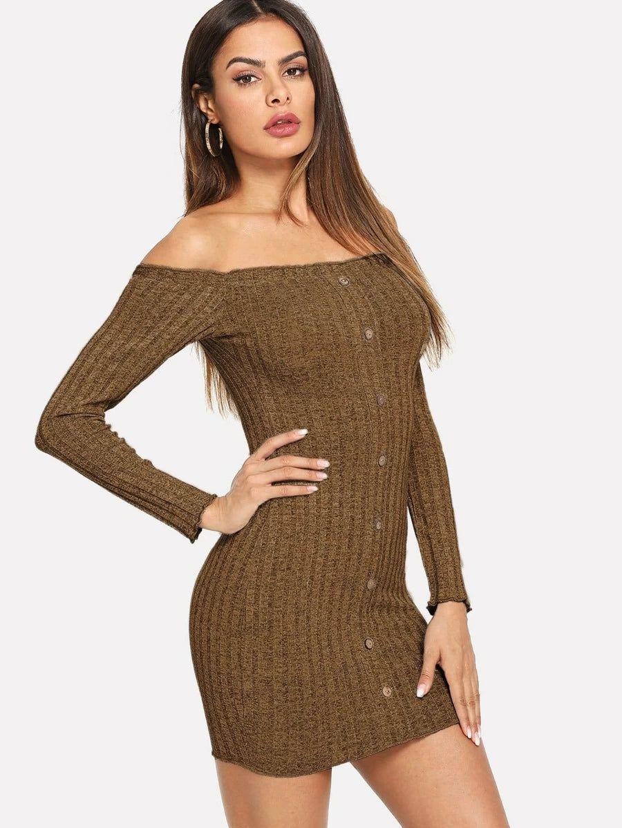 Off Shoulder Single Breasted Sweater Dress Periwinkley Shop