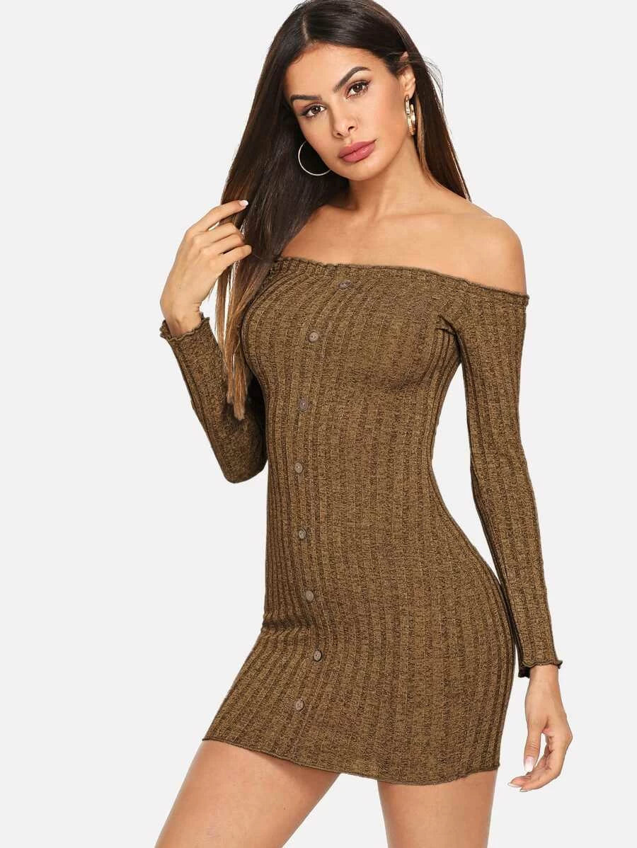 Off Shoulder Single Breasted Sweater Dress Periwinkley Shop