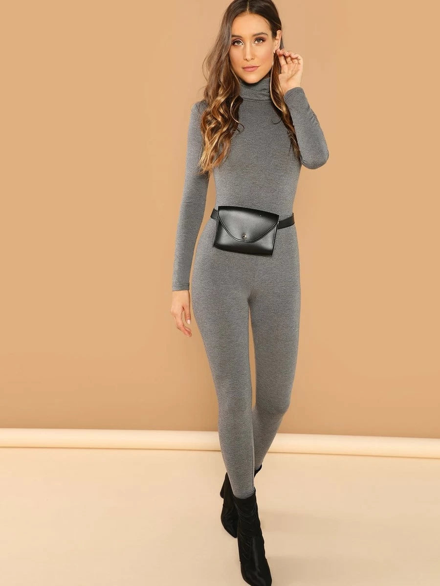 High Neck Heathered Knit Fitted Jumpsuit Periwinkley Shop