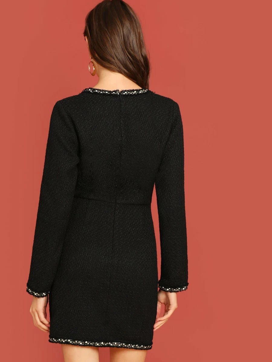 Plunging Neck Pocket Front Tweed Dress Periwinkley Shop