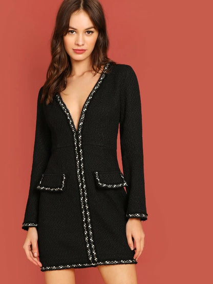 Plunging Neck Pocket Front Tweed Dress Periwinkley Shop
