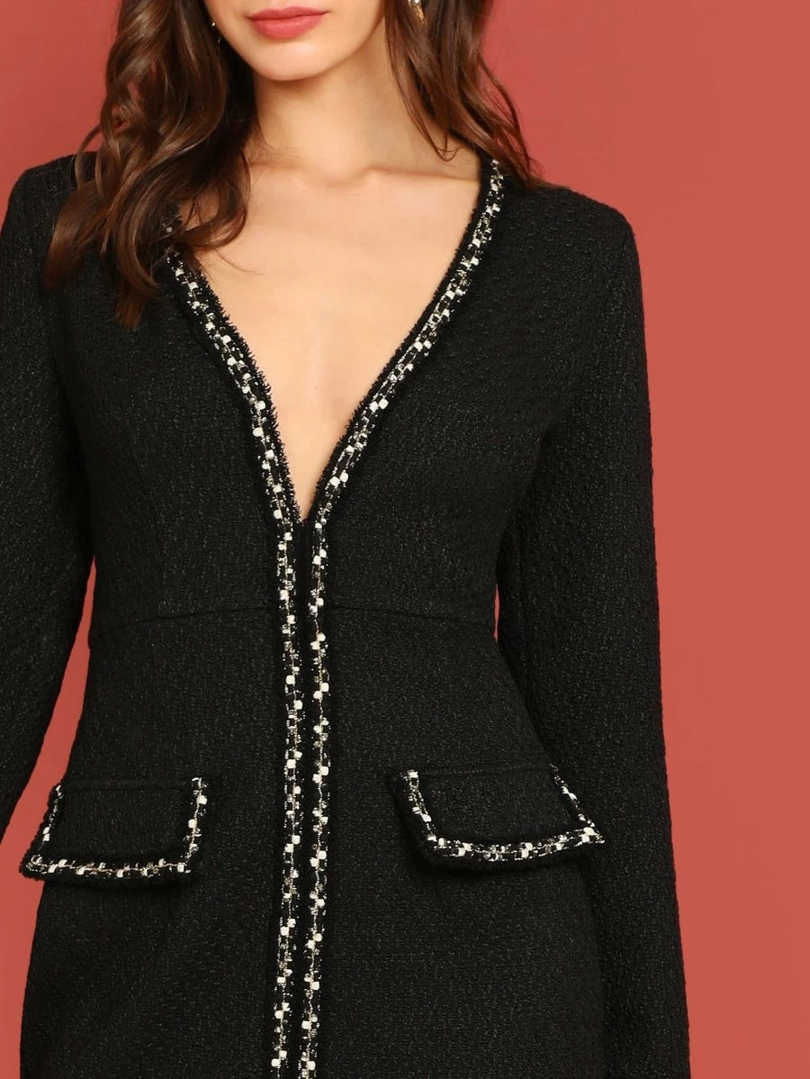 Plunging Neck Pocket Front Tweed Dress Periwinkley Shop