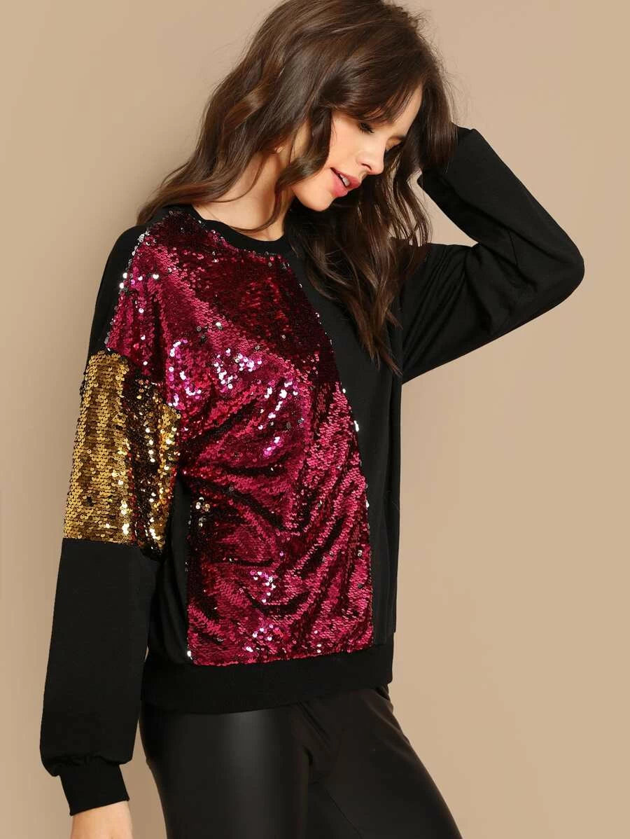 Sequin Contrast Color Block Pullover Periwinkley Shop
