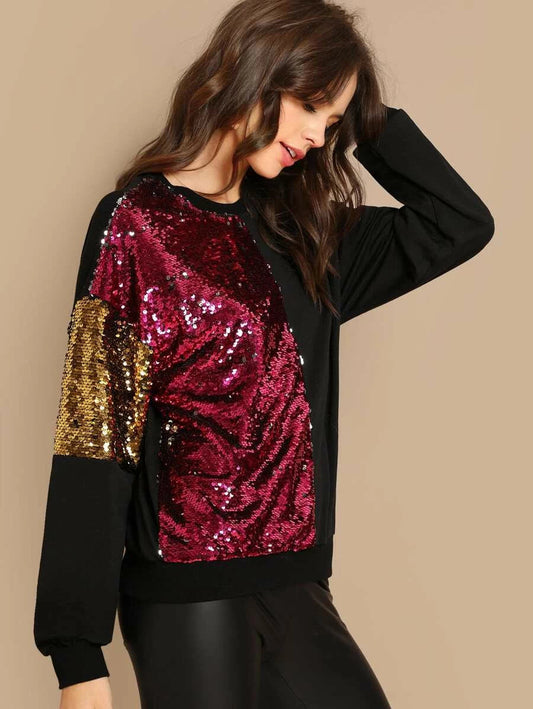 Sequin Contrast Color Block Pullover Periwinkley Shop