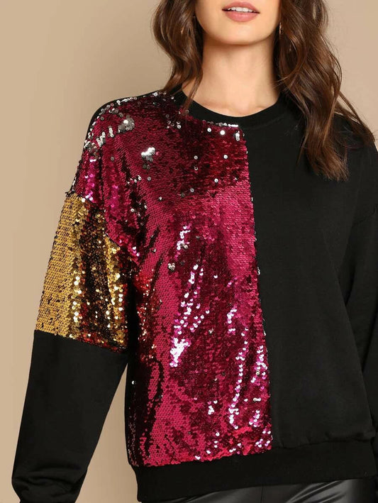 Sequin Contrast Color Block Pullover Periwinkley Shop