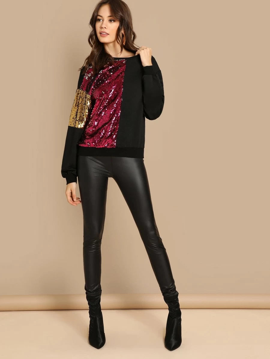 Sequin Contrast Color Block Pullover Periwinkley Shop