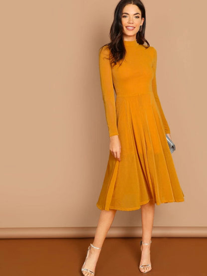 Button Keyhole Mock-neck Glitter Flowy Dress Periwinkley Shop