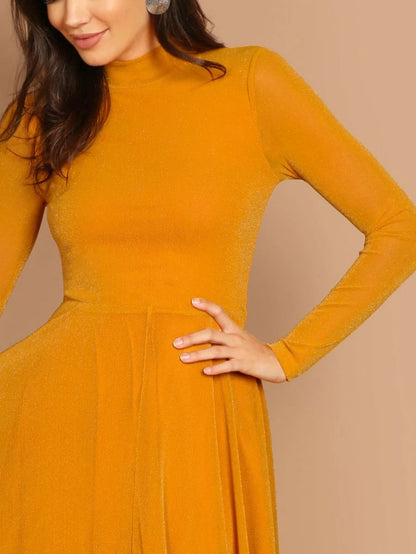 Button Keyhole Mock-neck Glitter Flowy Dress Periwinkley Shop