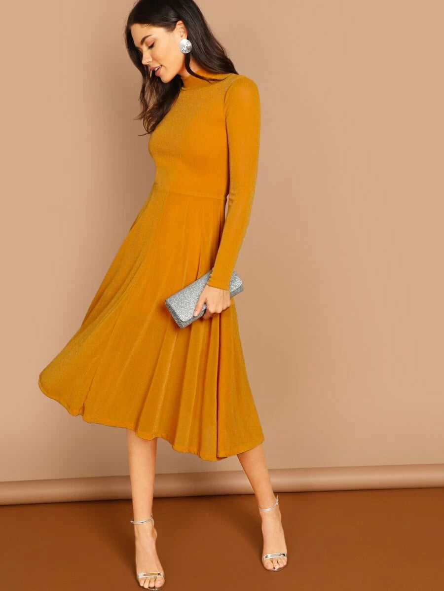 Button Keyhole Mock-neck Glitter Flowy Dress Periwinkley Shop