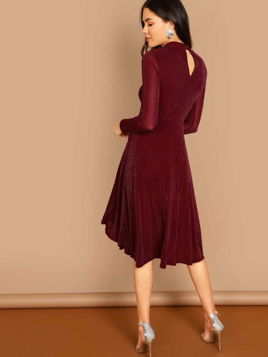 Button Keyhole Mock-neck Glitter Flowy Dress Periwinkley Shop