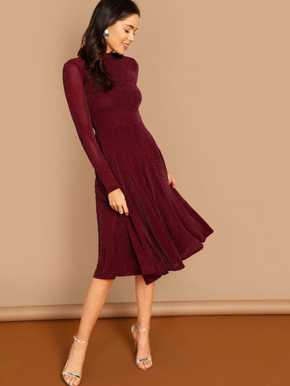 Button Keyhole Mock-neck Glitter Flowy Dress Periwinkley Shop