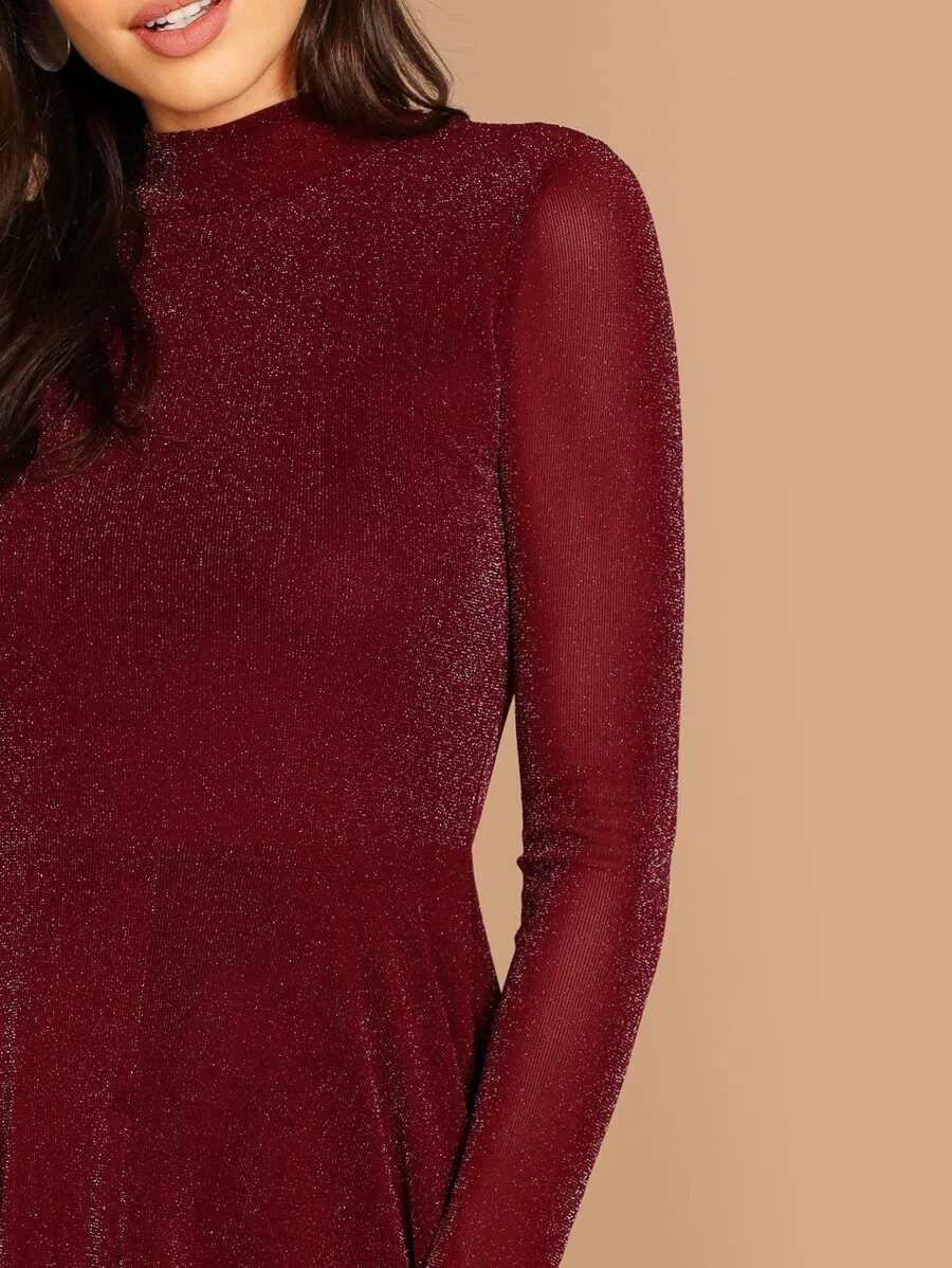 Button Keyhole Mock-neck Glitter Flowy Dress Periwinkley Shop