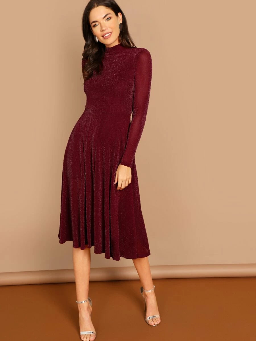 Button Keyhole Mock-neck Glitter Flowy Dress Periwinkley Shop